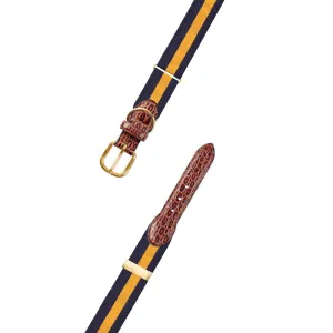 Adjustable Navy & Maize Yellow Grosgrain Dog Collar with Embossed Calf Tabs